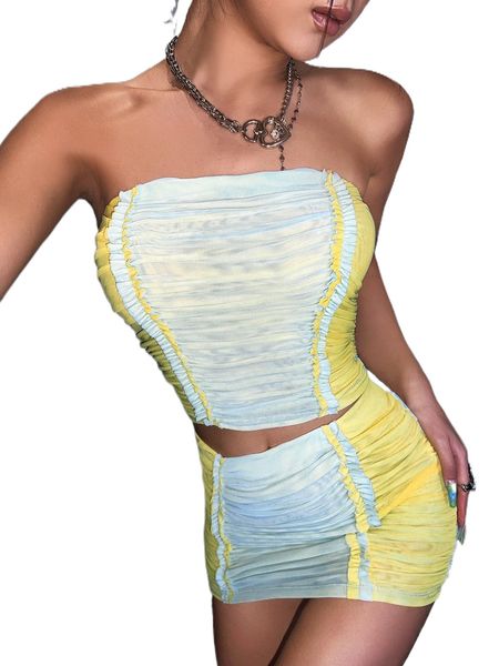 

frill trim ruched two tone tube & bodycon skirt set m6vw#, White