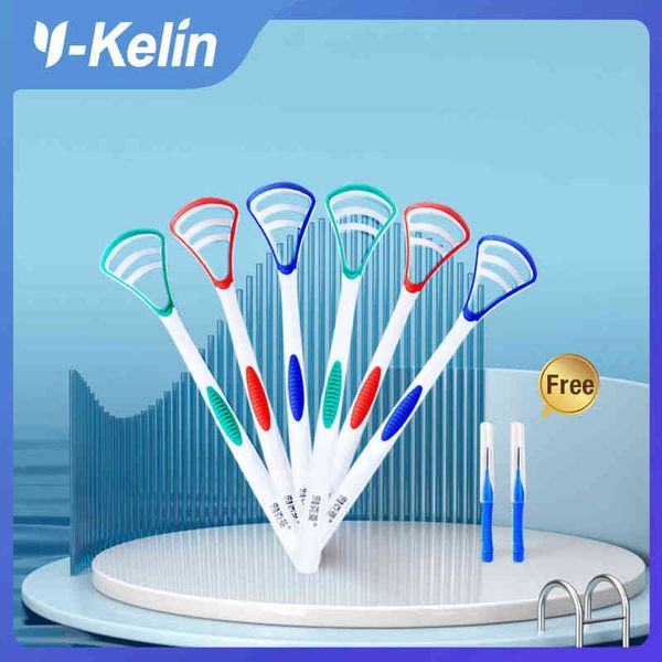 Y-Kelin 6/12 PCS Raschietto per lingua Tongu Brush Pulizia Food Grade Oral Care Fresco 3 colori Opzione Elimina rivestimento Regalo gratuito 220614