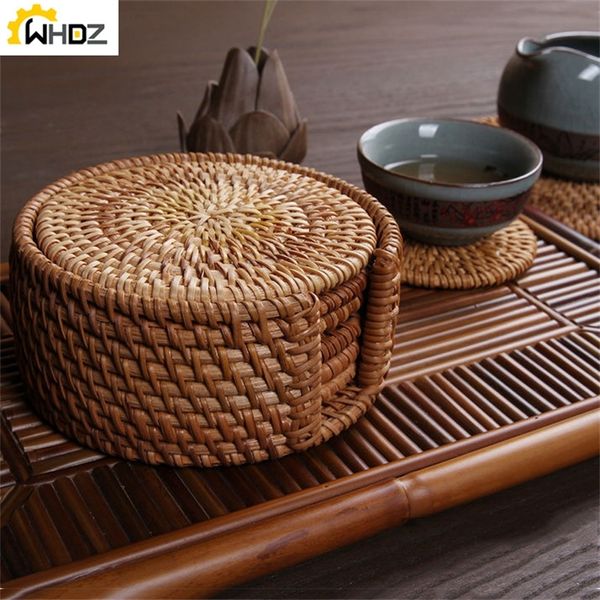 6pcs Kungfu Çay Aksesuarları için Set Set Yuvarlak Sofra Takımı Placemat Dikkat Mat Rattan Dokuma Kupa Pad Çapı 8cm 220627