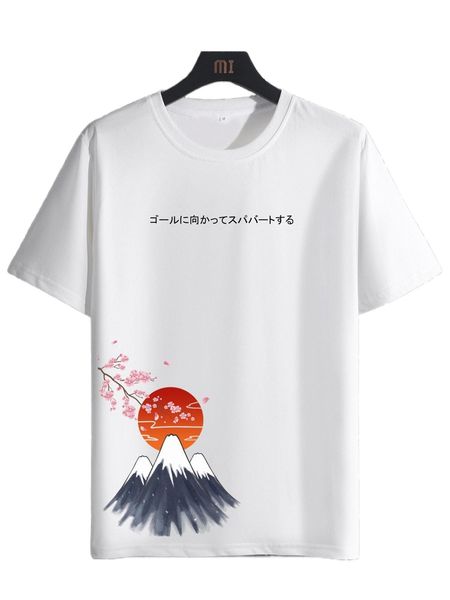 

men japanese letter & mount fuji print tee e2ug#, White;black