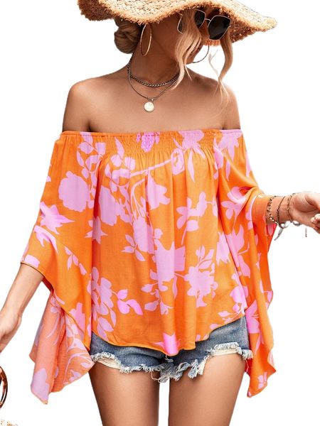 

floral print off shoulder shirred blouse u0ld#, White