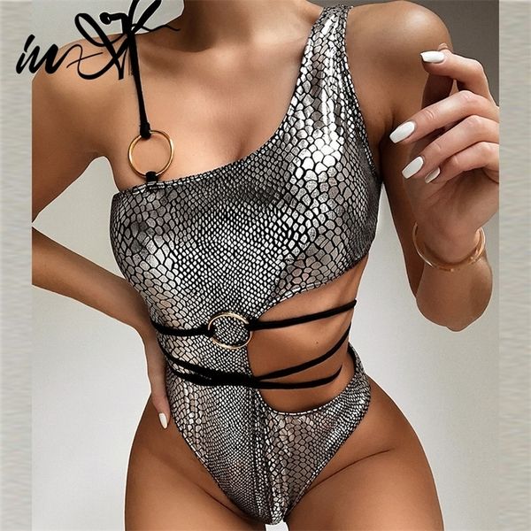

in x 2020 silver snake print 1pc swimsuit female string monokini one shoulder swimwear women hollow out bathing suit t200708, White;black