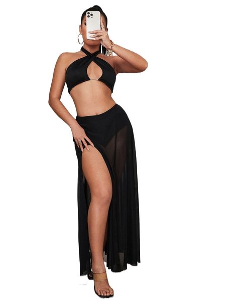 

sxy solid split thigh sheer mesh skirt 69ej#, Black