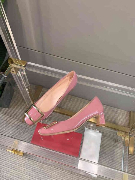 

sandals patent leather square head rv buckle thick heel shallow mouth comfortable temperament metal high heels women's, Black