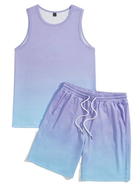 

men ombre print tank & drawstring waist shorts set h7cw#, Gray