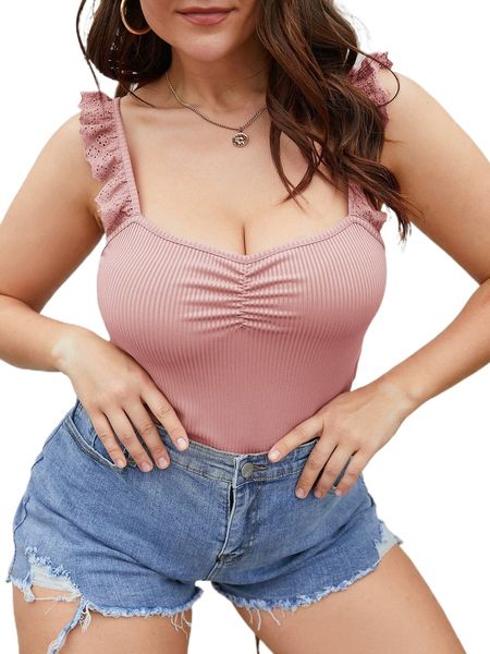 

plus eyelet embroidery ruffle trim ruched cami v3ir#, Black