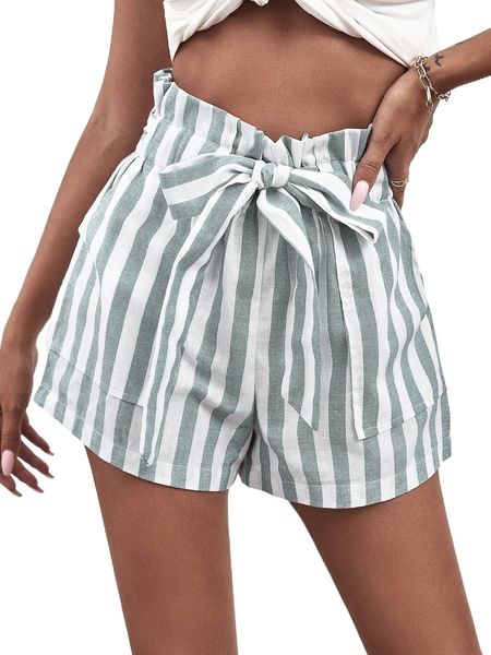 

paperbag waist striped belted shorts c1lk#, White;black