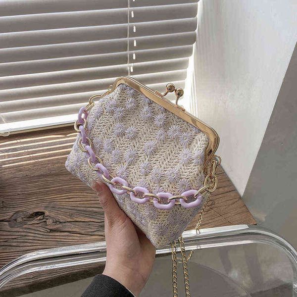 

evening bags luxury shell clip bag for women straw woven chain shoulder crossbody bags fashion retro embroidery shopper handle bag purses 22