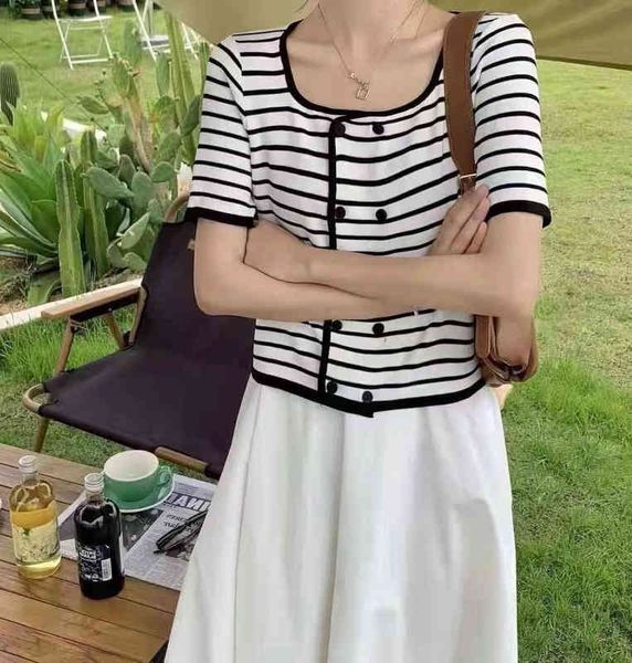 

women's polos striped square neck knitted short sleeve summer net red slim ice silk t-shirt thin sweater tw4j, White