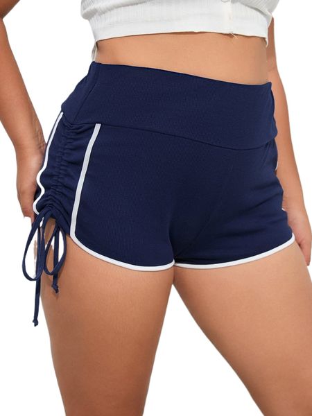 

plus drawstring side contrast binding shorts t5di#, Black