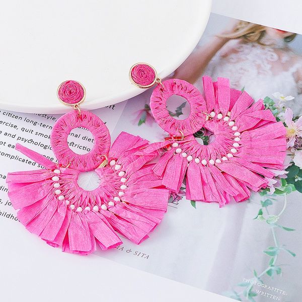 

bohemia raffia dangle drop earrings high-quality luxury pink natural rhinestone earring jewelry for women, Silver