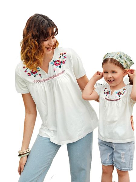 

1pc floral & chevron print notch neck tee z0lk#, White