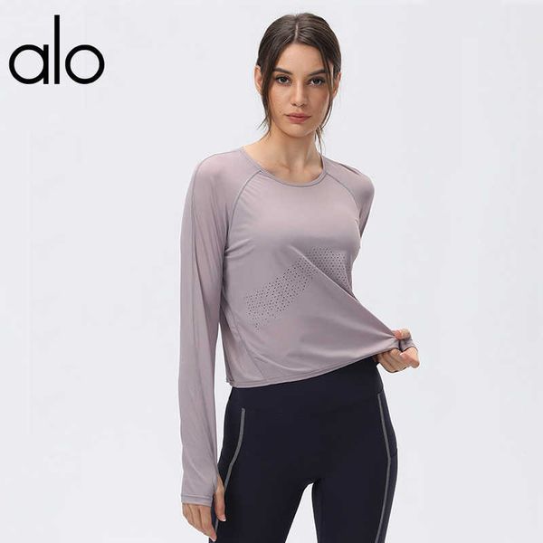 

alo yoga long sleeve mesh breathable bowknot yoga t-shirt women's workout wear top