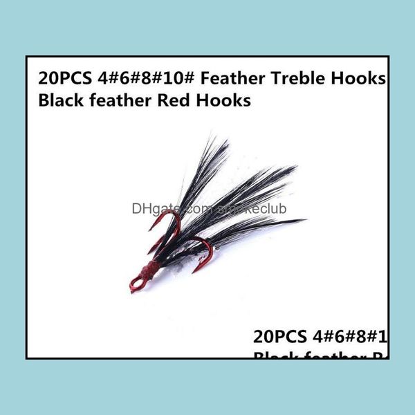 Ganchos de pesca ostenta ao ar livre 20pcs 46810 Feather Treble Black Red High Carbon Steel Strength Lure FishHooks Bionic Drop Delivery 2021