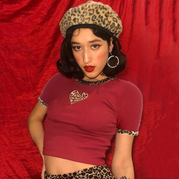

t-shirt 2021 women leopard print heart red color bodycon crop short sleeve aa, White