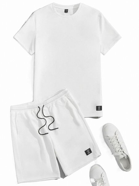 

men letter patched detail tee & drawstring waist shorts j3pn#, Gray