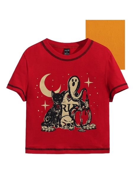 

x mountain vintage press contrast stitch skull and cat print g2l6#, White