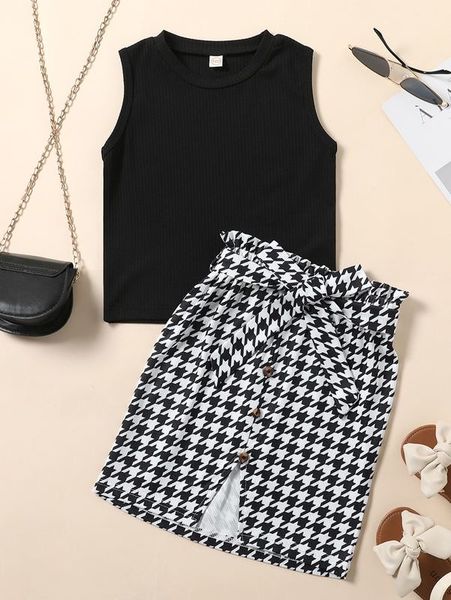 

toddler girls houndstooth split hem belted skirt & tank she, White