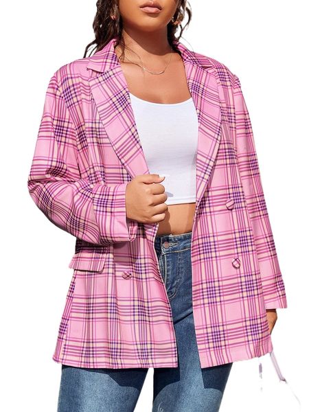 

plus plaid print double breasted blazer a98h#, Black