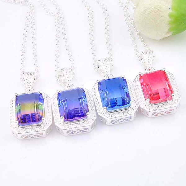

luckyshine 4 pcs/lot fashion charm women pendants gradients tourmaline cubic zirconia 925 silver wedding pendants necklaces+chain 13*18mm