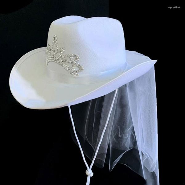 Berretti Cappello da cowgirl da sposa con velo e tracolla Summer Beach Long Western Fancy Dress Drop