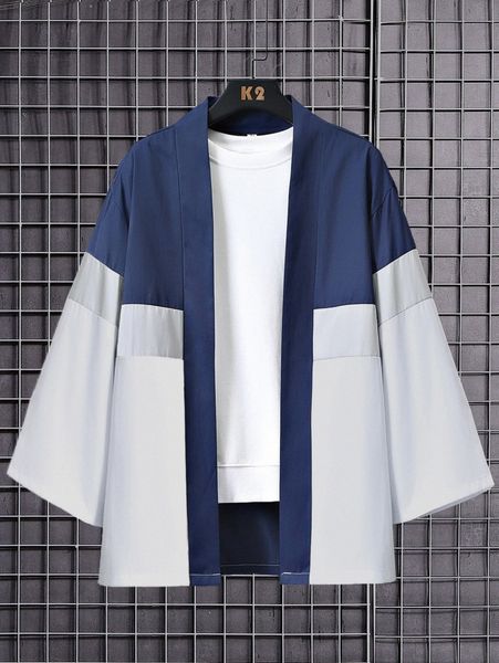 

men color block drop shoulder kimono without tee v0yj#, White;black