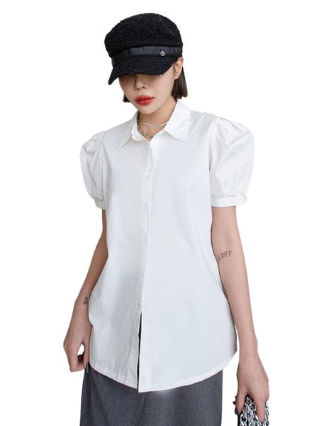 

dazy solid button front puff sleeve blouse w5zv#, White