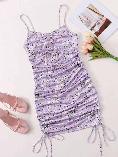 

ruched drawstring ditsy floral peekaboo dress 51dm#, Black;gray