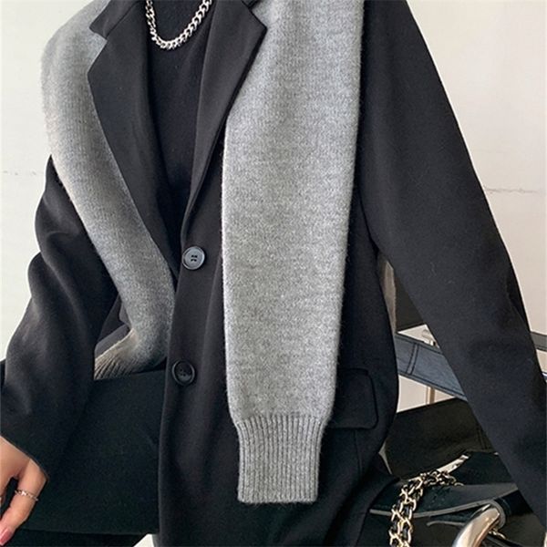 

[eam] women knitted shawl spliced blazer notched long sleeve loose fit jacket fashion spring autumn 1dd2437 220402, White;black