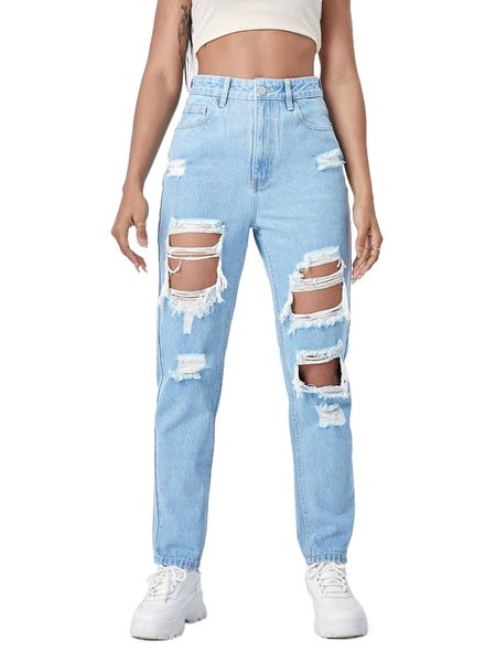 

high waist cut out ripped frayed jeans x4x0#, Blue