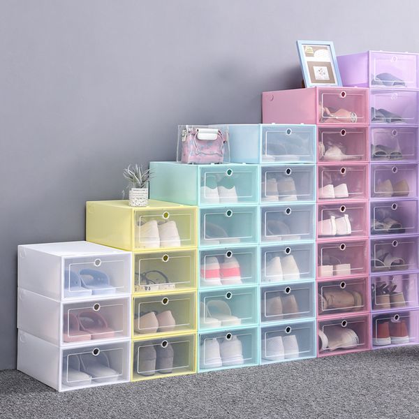 Durchsichtiger Kunststoff-Schuhkarton, staubdicht, Sneaker-Aufbewahrung, Organizer, Flip, transparente High-Heels-Boxen, Bonbonfarben, stapelbare Schuhbehälter, Koffer SN4291