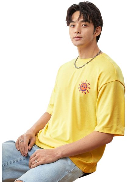 

men slogan & cartoon graphic drop shoulder tee z1ng#, White;black