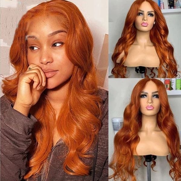 26 Zoll lange Ingwer-Orange-Lace-Front-Perücke, vorgezupfte, weiche, gewellte Lace-Frontal-Perücken mit Babyhaar, hitzebeständig, für den Alltag/Cosplay, weiß, blau gefärbt