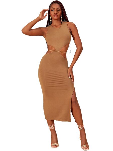 

newness cut out waist slit thigh belted bodycon dress n7zd#, Black;gray