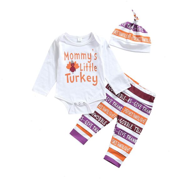 

autumn thanksgiving day toddler baby set girls outfits letters print long sleeves romper pants hat clothes 0-18m, White