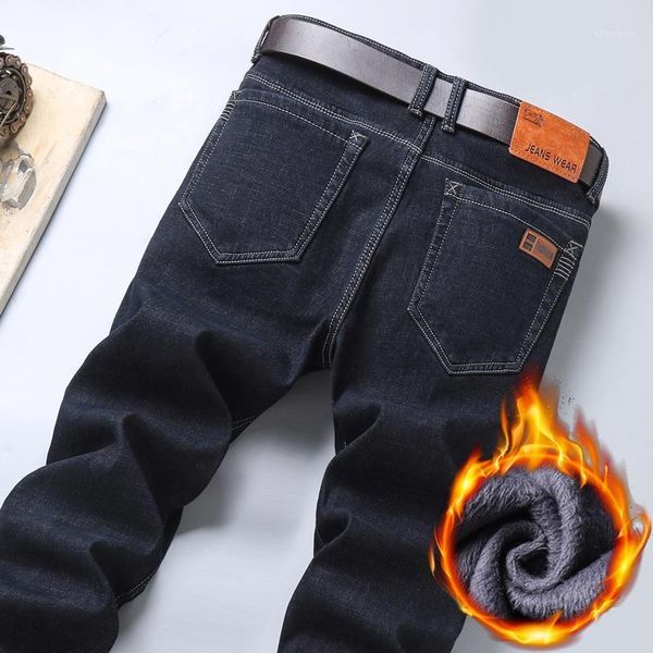 Jeans masculinos black streetwear fleece 2022 inverno moda casual denim calças masculino além de veludo grosso marca jean calças quentes