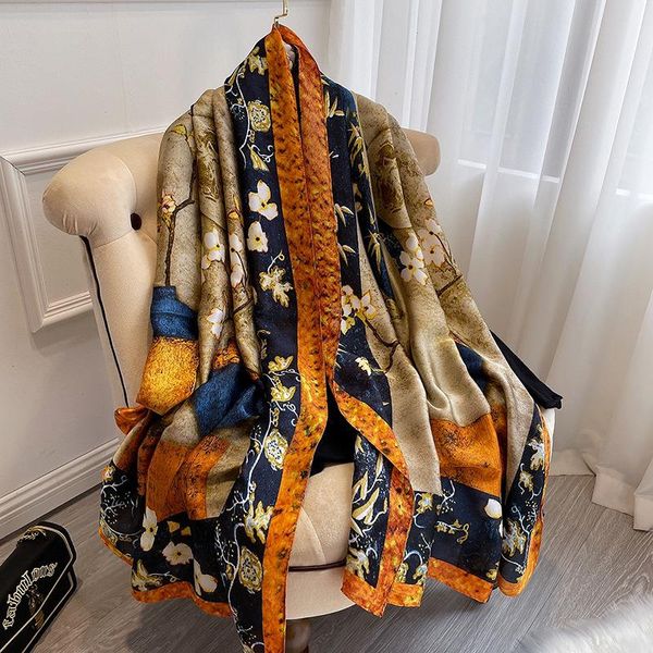 

luxury brand women scarf fashion print silk scarves summer shawls and wraps soft pashmina lady bandana foulard hijabs, Blue;gray