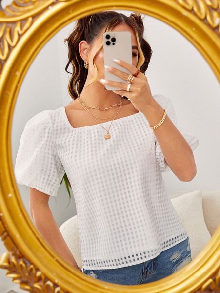 

square neck puff sleeve plaid mesh blouse w0rn#, White