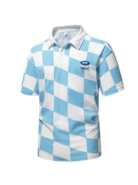 

men checkered print letter patch detail drop shoulder polo shirt v142#, White;black