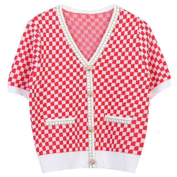 

women's sweaters french xiaoxiangfeng knitted cardigan 2022 spring striped plaid chain edge design v-neck short sleeve cknv, White;black