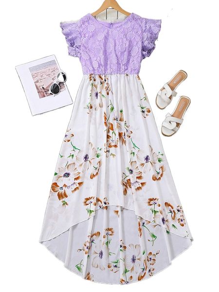 

plus 1pc floral print lace butterfly sleeve high low hem dress h5hj#, Black