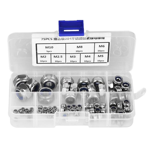

75pcs stainless steel nylon insert locknut assortment kit m2 m2.5 m3 m4 m5 m6 m8 m10