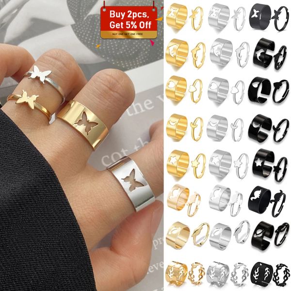 

vintage simple animal butterfly star moon heart flame open rings for women girls gothic jewelry punk black couple ring set 220719, Silver