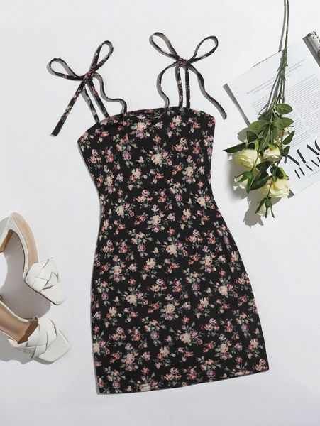 

knot strap floral print dress a7nd#, Black;gray