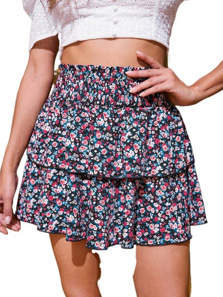 

allover floral print layered hem skirt b1iu#, Black