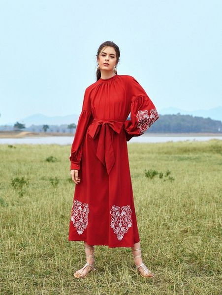 

floral embroidery lantern sleeve dress q1kx#, Black;gray