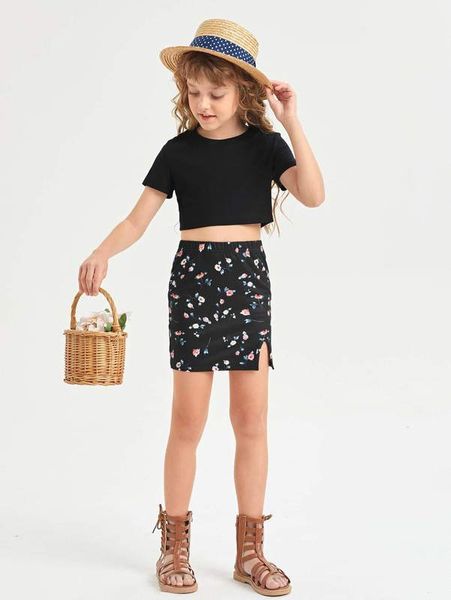 

girls 1set solid crop tee & floral print split hem skirt she, White