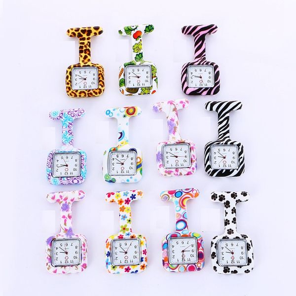 

silicone nurse watch casual multicolor pattern arabic numerals square dial candy nurses brooch tunic fob watches pocket alloy watch, Slivery;golden