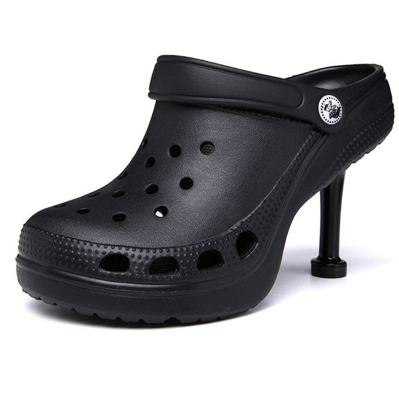 

2022 new designer ladies high heel slippers hole shoes women large size two wear 9cm high heels heightening slipper wholesale summer 36-41, Black