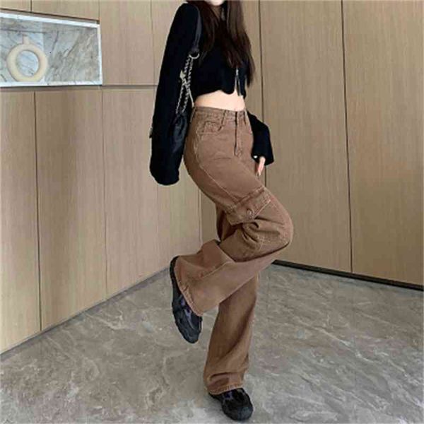 

women's shorts american style work clothes wide leg jeans women's autumn design high waist loose straight pants floor pants ggfl, White;black